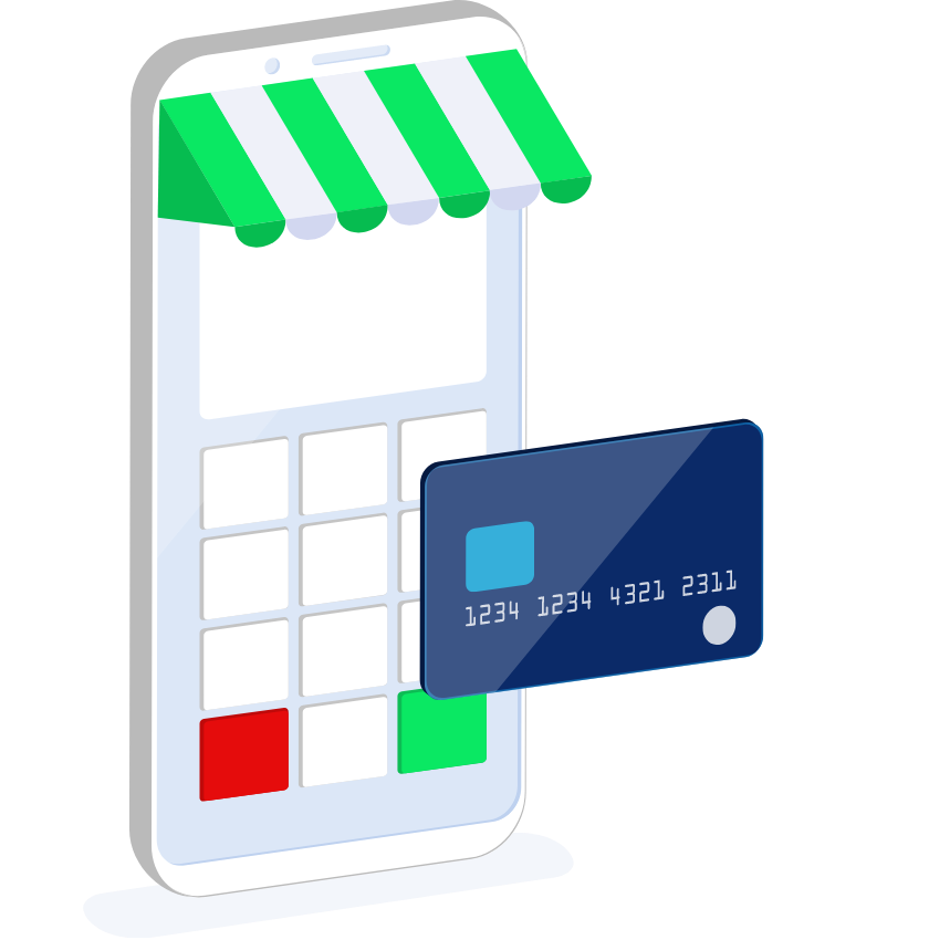 Illustration of a phone as a merchant pos terminal receiving a payment from a card