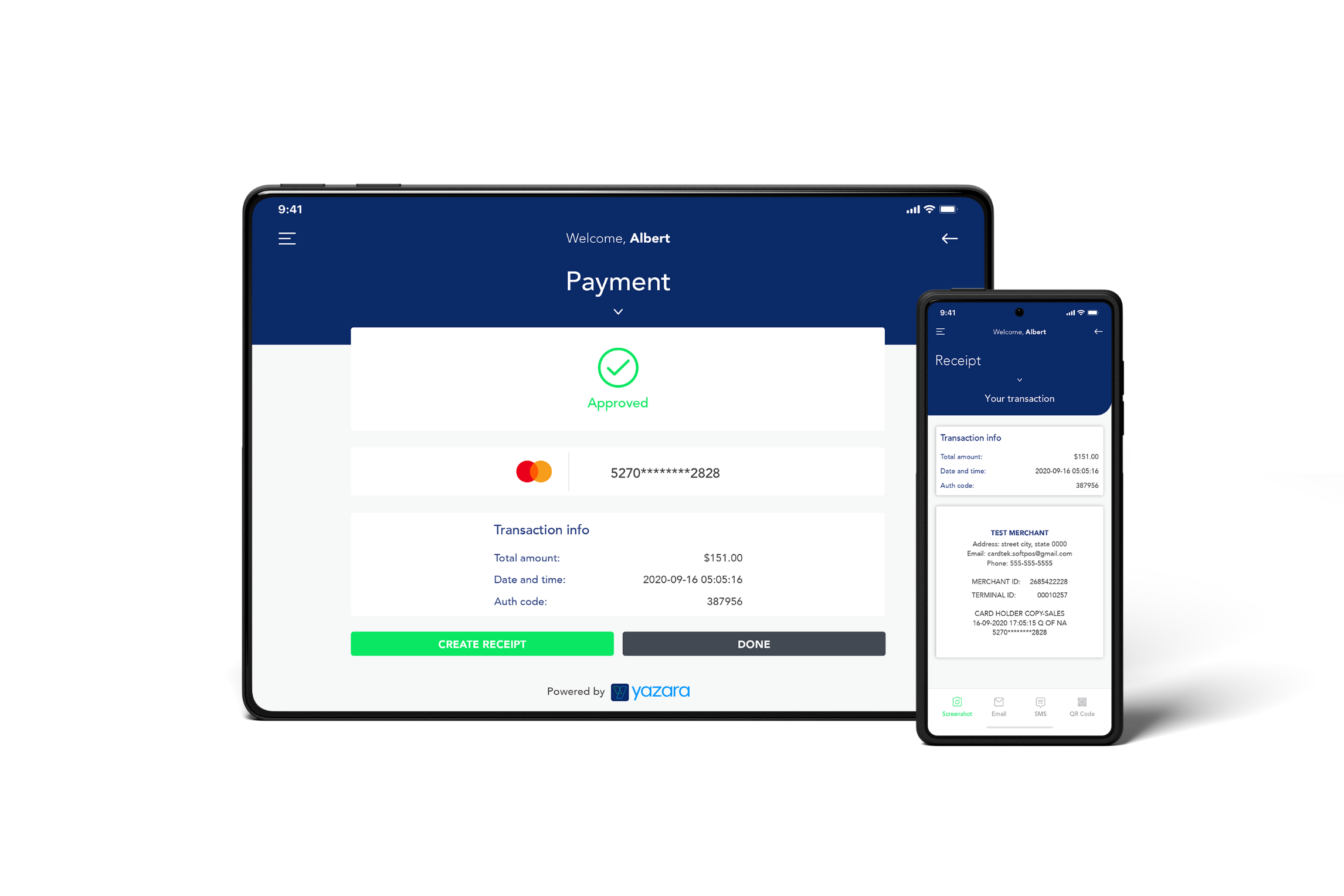 Tablet showing payment screen and smartphone showing receipt screen from yazara solution