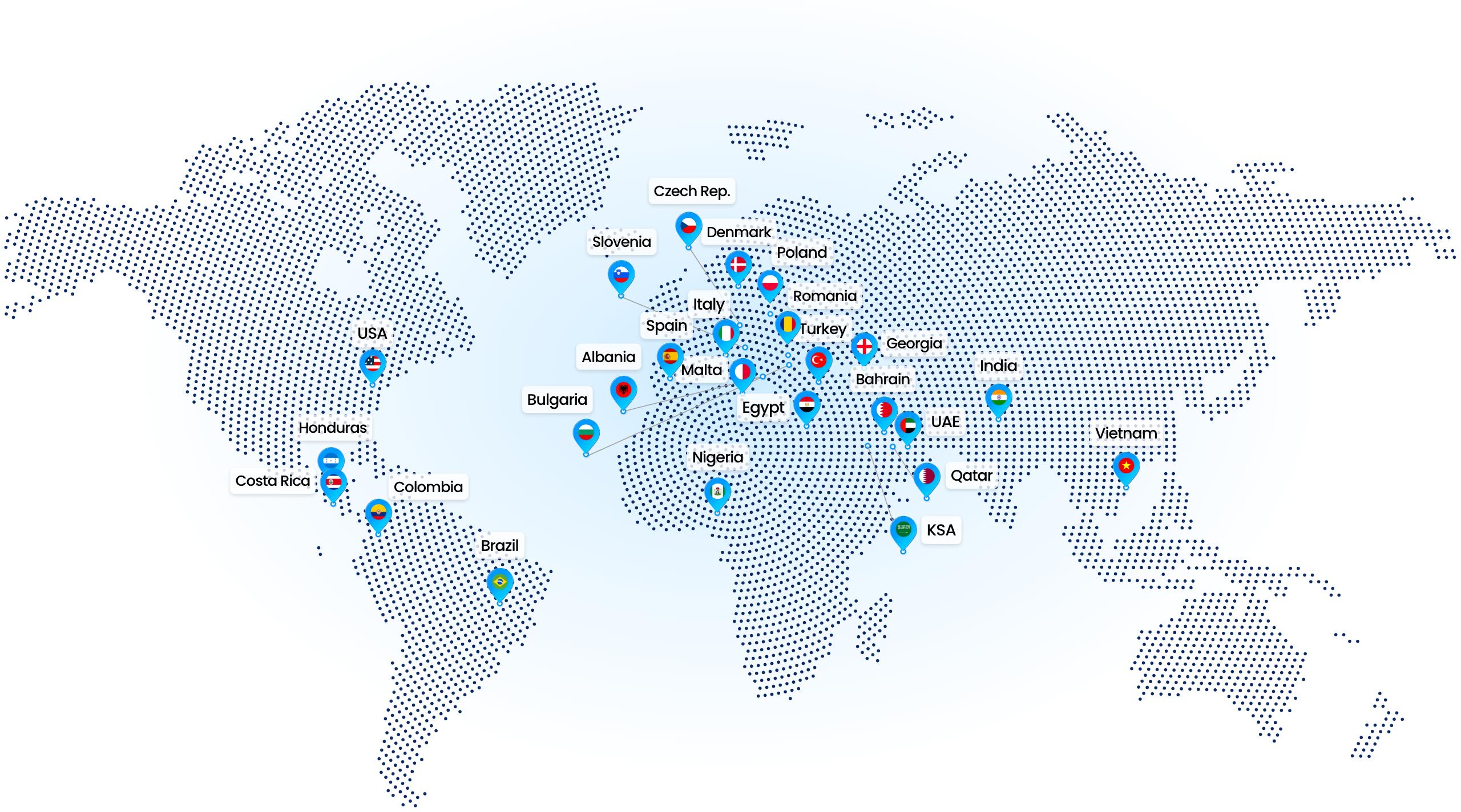 Map of Yazara's worldwide footprint